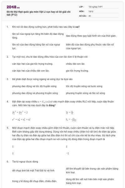 Đề thi thử thpt quốc gia môn Vật Lí cực hay có lời giải chi tiết (P12)