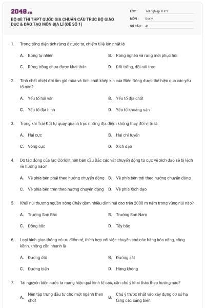 BỘ ĐỀ THI THPT QUỐC GIA CHUẨN CẤU TRÚC BỘ GIÁO DỤC & ĐÀO TẠO MÔN ĐỊA LÍ (ĐỀ SỐ 1)