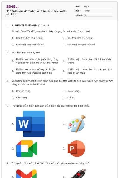 Bộ 6 đề thi giữa kì 1 Tin học lớp 5 Kết nối tri thức có đáp án - Đề 1