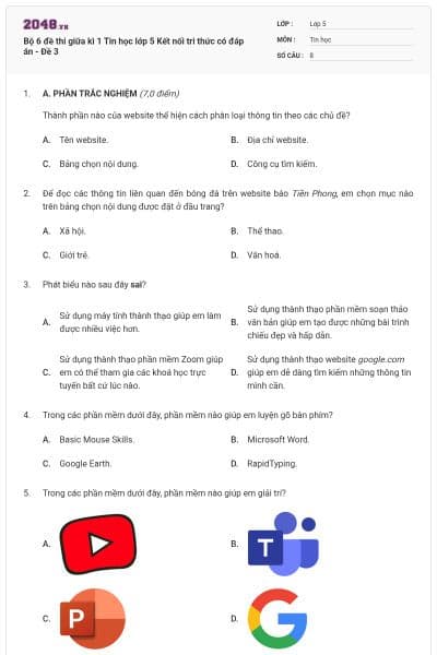 Bộ 6 đề thi giữa kì 1 Tin học lớp 5 Kết nối tri thức có đáp án - Đề 3