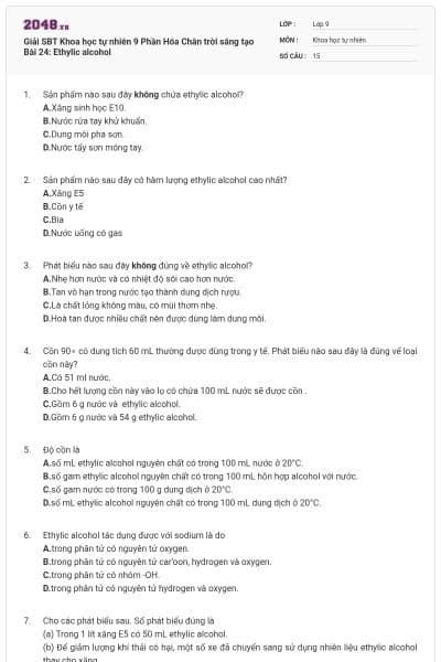 Giải SBT Khoa học tự nhiên 9 Phần Hóa Chân trời sáng tạo Bài 24: Ethylic alcohol