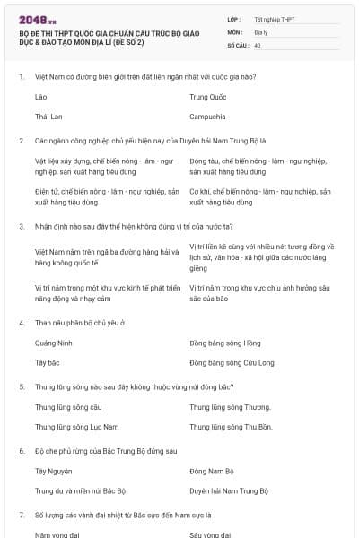 BỘ ĐỀ THI THPT QUỐC GIA CHUẨN CẤU TRÚC BỘ GIÁO DỤC & ĐÀO TẠO MÔN ĐỊA LÍ (ĐỀ SỐ 2)