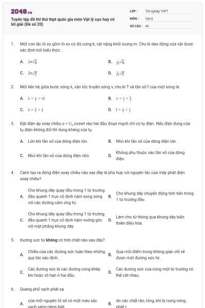 Tuyển tập đề thi thử thpt quốc gia môn Vật lý cực hay có lời giải (Đề số 20)