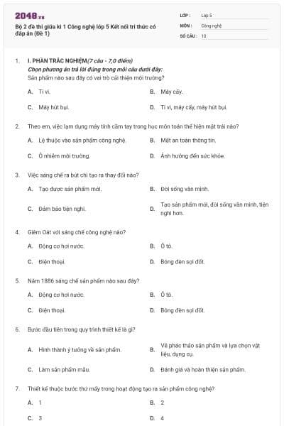 Bộ 2 đề thi giữa kì 1 Công nghệ lớp 5 Kết nối tri thức có đáp án (Đề 1)