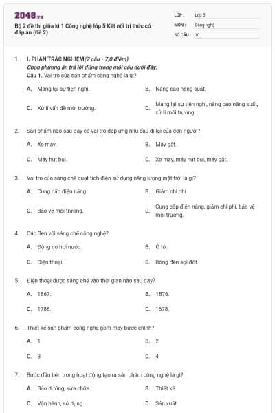Bộ 2 đề thi giữa kì 1 Công nghệ lớp 5 Kết nối tri thức có đáp án (Đề 2)