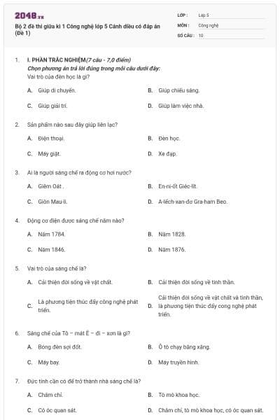 Bộ 2 đề thi giữa kì 1 Công nghệ lớp 5 Cánh diều có đáp án (Đề 1)