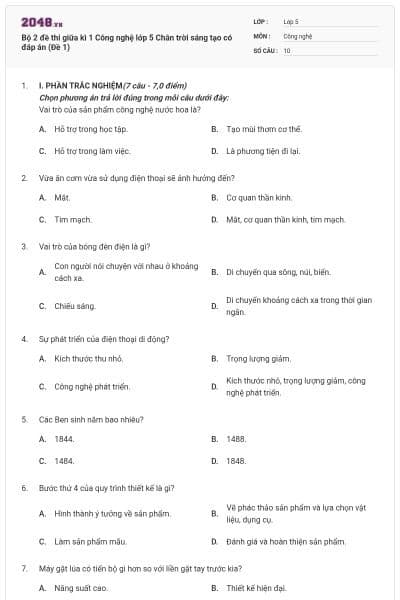 Bộ 2 đề thi giữa kì 1 Công nghệ lớp 5 Chân trời sáng tạo có đáp án (Đề 1)