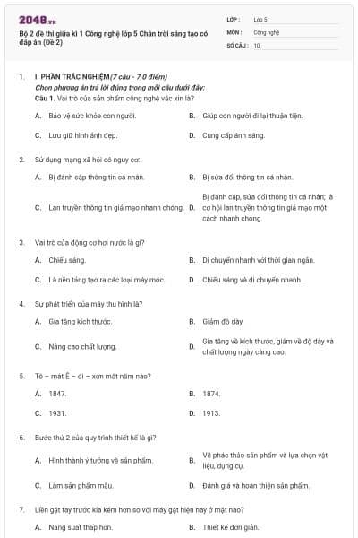 Bộ 2 đề thi giữa kì 1 Công nghệ lớp 5 Chân trời sáng tạo có đáp án (Đề 2)