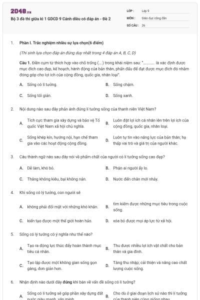 Bộ 3 đề thi giữa kì 1 GDCD 9 Cánh diều có đáp án - Đề 2