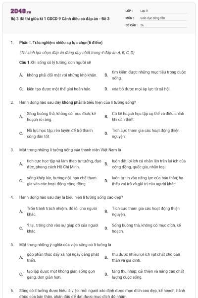 Bộ 3 đề thi giữa kì 1 GDCD 9 Cánh diều có đáp án - Đề 3