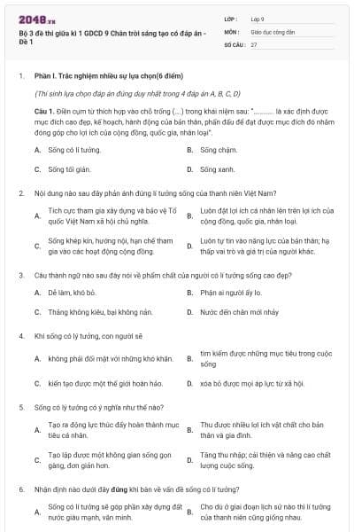 Bộ 3 đề thi giữa kì 1 GDCD 9 Chân trời sáng tạo có đáp án - Đề 1