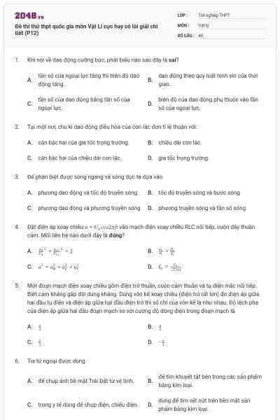 Đề thi thử thpt quốc gia môn Vật Lí cực hay có lời giải chi tiết (P12)