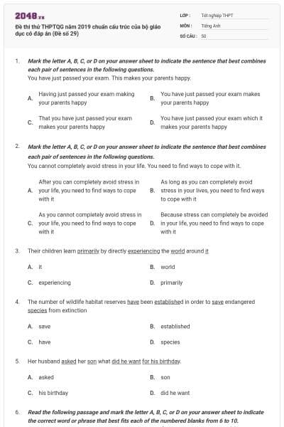 Đề thi thử THPTQG năm 2019 chuẩn cấu trúc của bộ giáo dục có đáp án (Đề số 29)