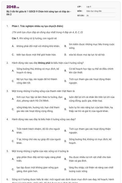 Bộ 3 đề thi giữa kì 1 GDCD 9 Chân trời sáng tạo có đáp án - Đề 2