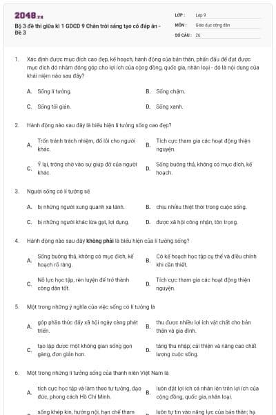 Bộ 3 đề thi giữa kì 1 GDCD 9 Chân trời sáng tạo có đáp án - Đề 3