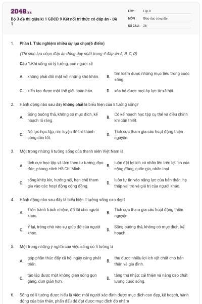 Bộ 3 đề thi giữa kì 1 GDCD 9 Kết nối tri thức có đáp án - Đề 1