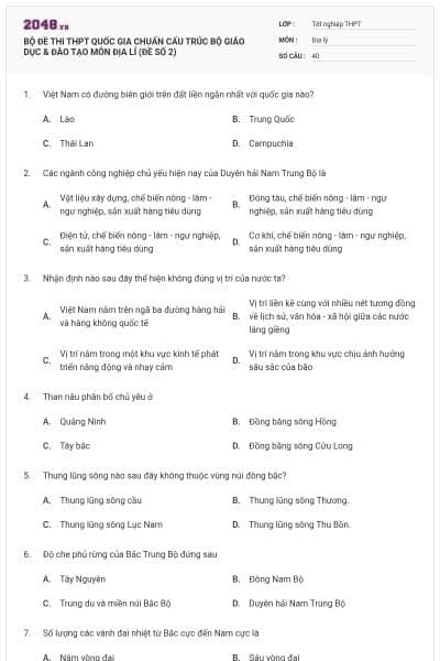 BỘ ĐỀ THI THPT QUỐC GIA CHUẨN CẤU TRÚC BỘ GIÁO DỤC & ĐÀO TẠO MÔN ĐỊA LÍ (ĐỀ SỐ 2)