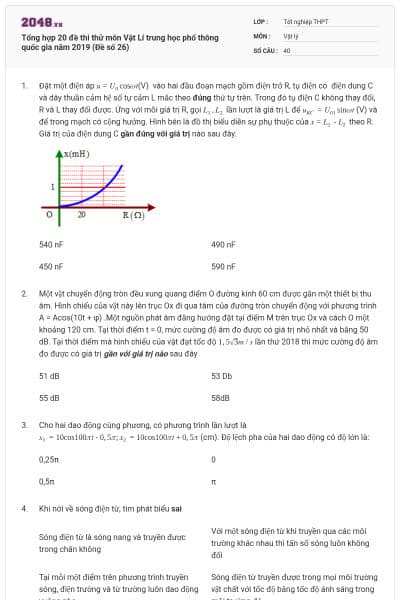 Tổng hợp 20 đề thi thử môn Vật Lí trung học phổ thông quốc gia năm 2019 (Đề số 26)