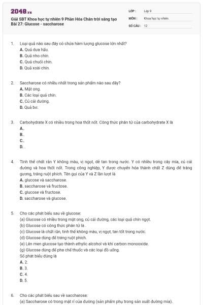 Giải SBT Khoa học tự nhiên 9 Phần Hóa Chân trời sáng tạo Bài 27: Glucose - saccharose