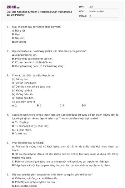Giải SBT Khoa học tự nhiên 9 Phần Hóa Chân trời sáng tạo Bài 30: Polymer