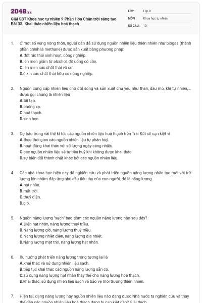 Giải SBT Khoa học tự nhiên 9 Phần Hóa Chân trời sáng tạo Bài 33. Khai thác nhiên liệu hoá thạch