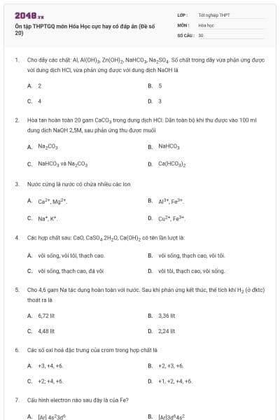 Ôn tập THPTGQ môn Hóa Học cực hay có đáp án (Đề số 20)