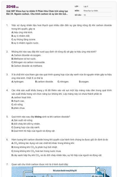 Giải SBT Khoa học tự nhiên 9 Phần Hóa Chân trời sáng tạo Bài 34. Nguồn carbon. Chu trình carbon và sự ấm lên toàn cầu