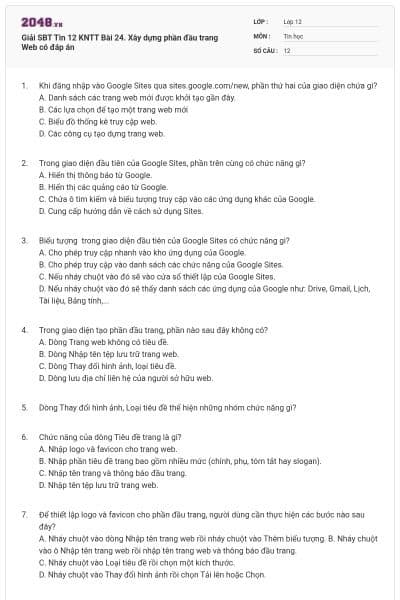 Giải SBT Tin 12 KNTT Bài 24. Xây dựng phần đầu trang Web có đáp án