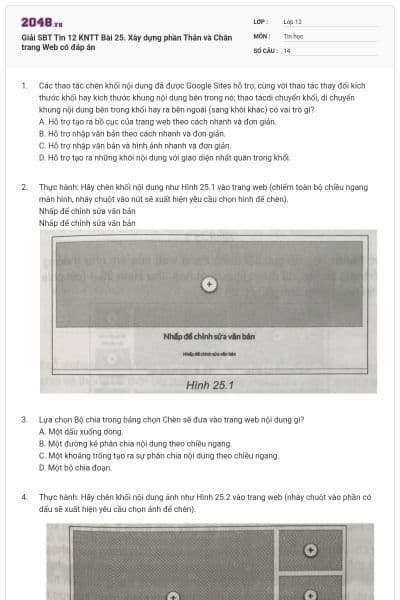 Giải SBT Tin 12 KNTT Bài 25. Xây dựng phần Thân và Chân trang Web có đáp án