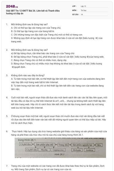 Giải SBT Tin 12 KNTT Bài 26. Liên kết và Thanh điều hướng có đáp án
