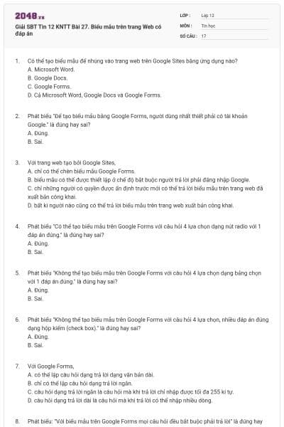 Giải SBT Tin 12 KNTT Bài 27.  Biểu mẫu trên trang Web có đáp án