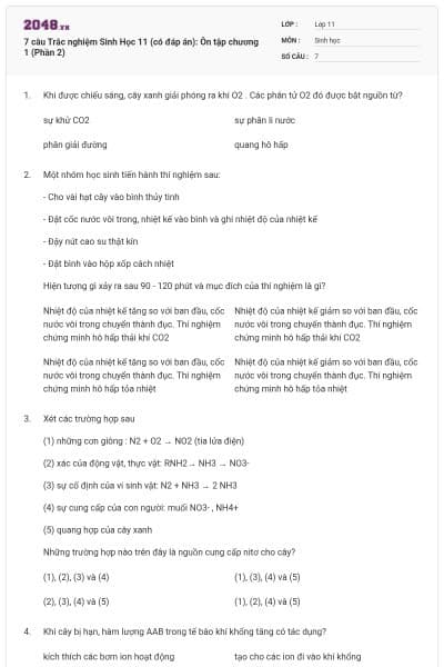 7 câu  Trắc nghiệm Sinh Học 11 (có đáp án): Ôn tập chương 1 (Phần 2)