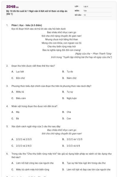 Bộ 10 đề thi cuối kì 1 Ngữ văn 6 Kết nối tri thức có đáp án (Đề 1)