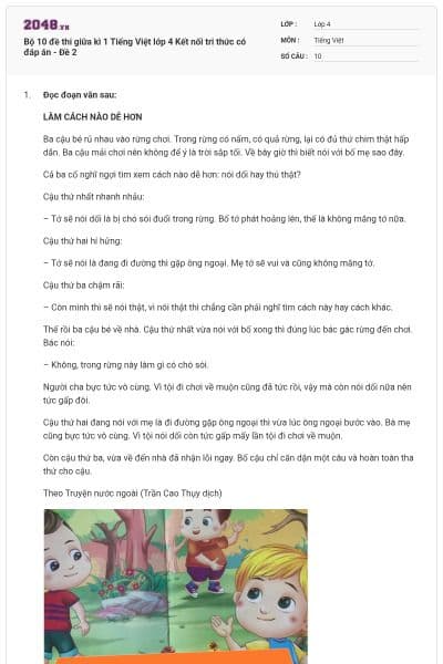 Bộ 10 đề thi giữa kì 1 Tiếng Việt lớp 4 Kết nối tri thức có đáp án - Đề 2