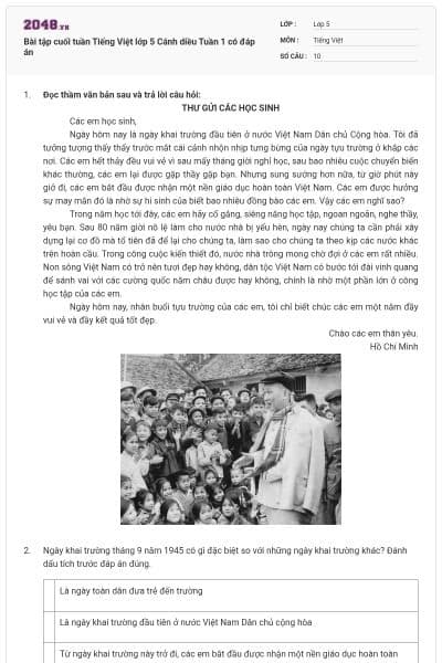 Bài tập cuối tuần Tiếng Việt lớp 5 Cánh diều Tuần 1 có đáp án