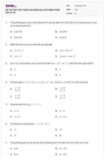 ĐỀ THI THỬ THPT QUỐC GIA NĂM HỌC 2019 MÔN TOÁN (Đề số 10)