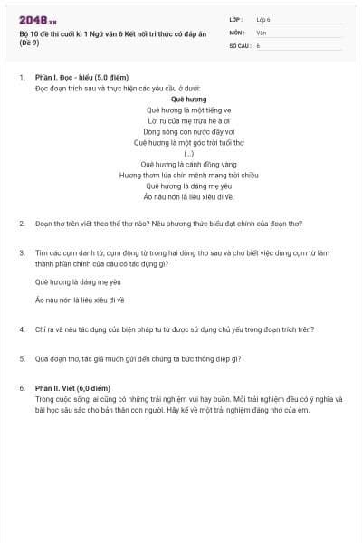 Bộ 10 đề thi cuối kì 1 Ngữ văn 6 Kết nối tri thức có đáp án (Đề 9)