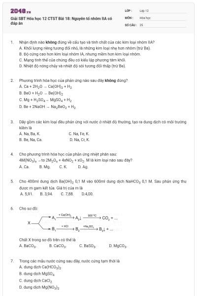 Giải SBT Hóa học 12 CTST Bài 18: Nguyên tố nhóm IIA có đáp án
