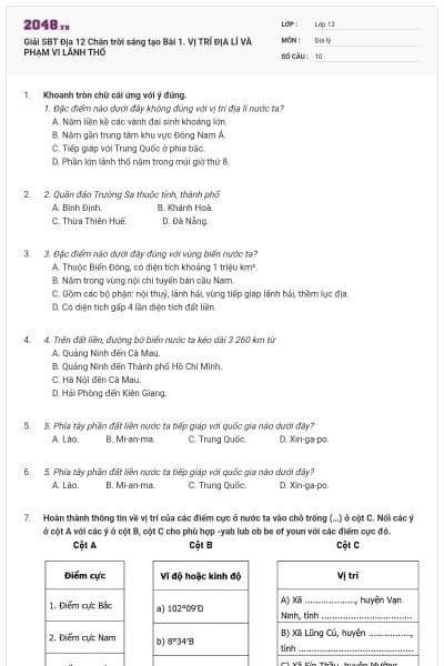 Giải SBT Địa 12 Chân trời sáng tạo Bài 1. VỊ TRÍ ĐỊA LÍ VÀ PHẠM VI LÃNH THỔ