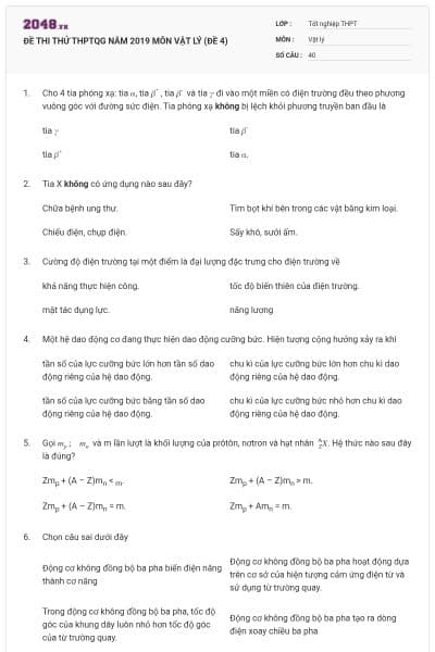 ĐỀ THI THỬ THPTQG NĂM 2019 MÔN VẬT LÝ (ĐỀ 4)