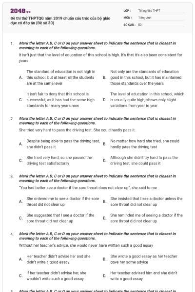 Đề thi thử THPTQG năm 2019 chuẩn cấu trúc của bộ giáo dục có đáp án (Đề số 30)