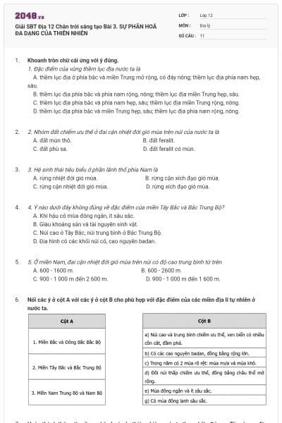 Giải SBT Địa 12 Chân trời sáng tạo Bài 3. SỰ PHÂN HOÁ ĐA DẠNG CỦA THIÊN NHIÊN