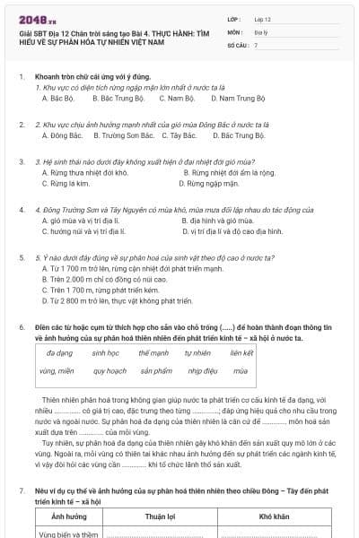 Giải SBT Địa 12 Chân trời sáng tạo Bài 4. THỰC HÀNH: TÌM HIỂU VỀ SỰ PHÂN HÓA TỰ NHIÊN VIỆT NAM