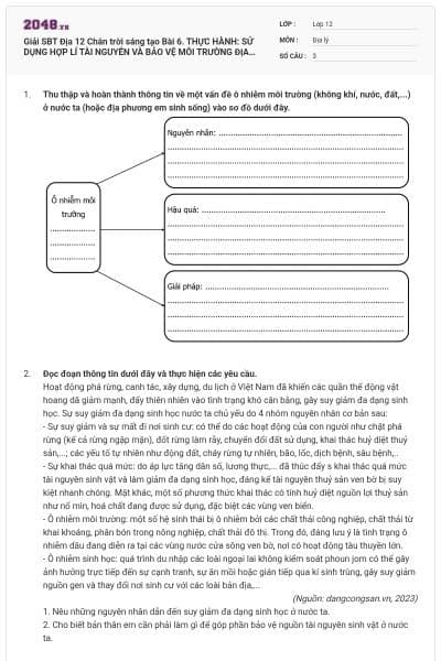 Giải SBT Địa 12 Chân trời sáng tạo Bài 6. THỰC HÀNH: SỬ DỤNG HỢP LÍ TÀI NGUYÊN VÀ BẢO VỆ MÔI TRƯỜNG ĐỊA PHƯƠNG