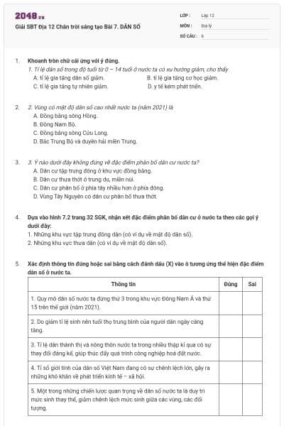 Giải SBT Địa 12 Chân trời sáng tạo Bài 7. DÂN SỐ