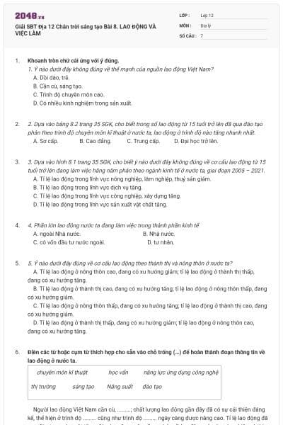 Giải SBT Địa 12 Chân trời sáng tạo Bài 8. LAO ĐỘNG VÀ VIỆC LÀM