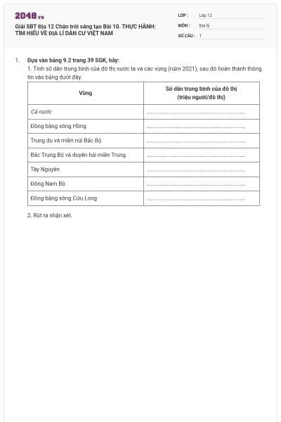 Giải SBT Địa 12 Chân trời sáng tạo Bài 10. THỰC HÀNH: TÌM HIỂU VỀ ĐỊA LÍ DÂN CƯ VIỆT NAM