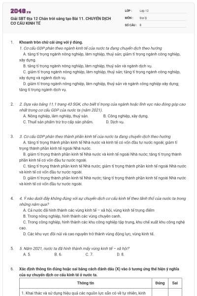 Giải SBT Địa 12 Chân trời sáng tạo Bài 11. CHUYỂN DỊCH CƠ CẤU KINH TẾ