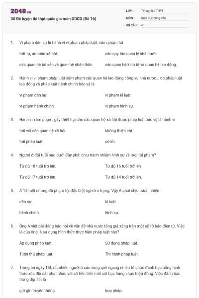 30 Đề luyện thi thpt quốc gia môn GDCD (Đề 16)