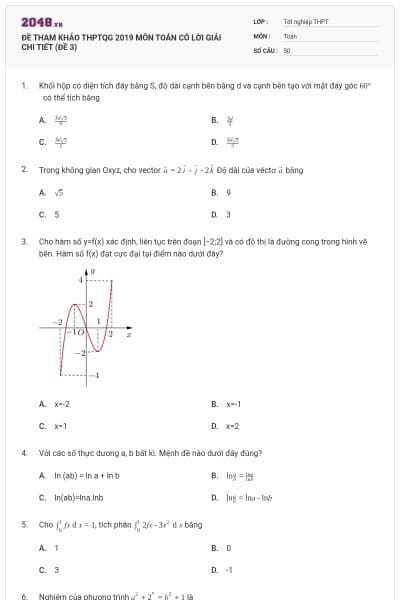 ĐỀ THAM KHẢO THPTQG 2019 MÔN TOÁN CÓ LỜI GIẢI CHI TIẾT (ĐỀ 3)